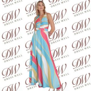 Vestito lungo a righe - Azzurro, rosa e bianco fronte